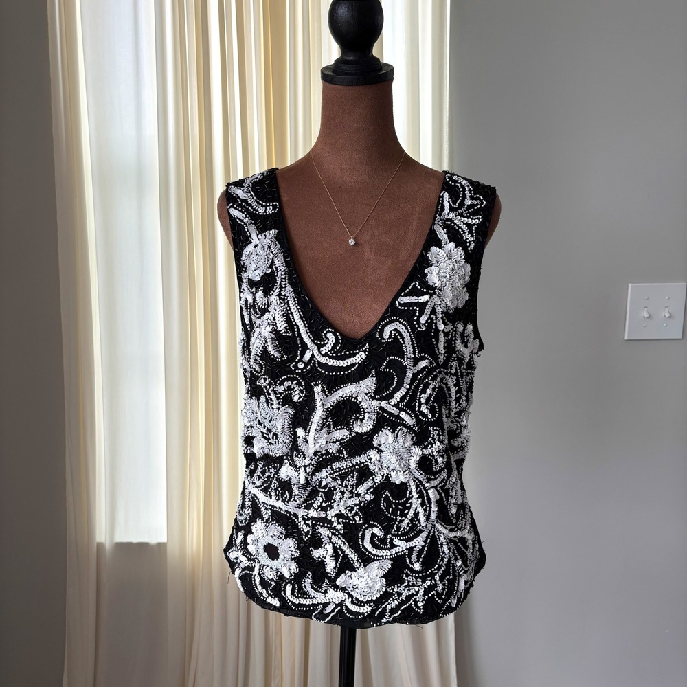 90s Vintage Cache Top Large Black White Beaded Sequin Floral Y2K Glam Whimsygoth